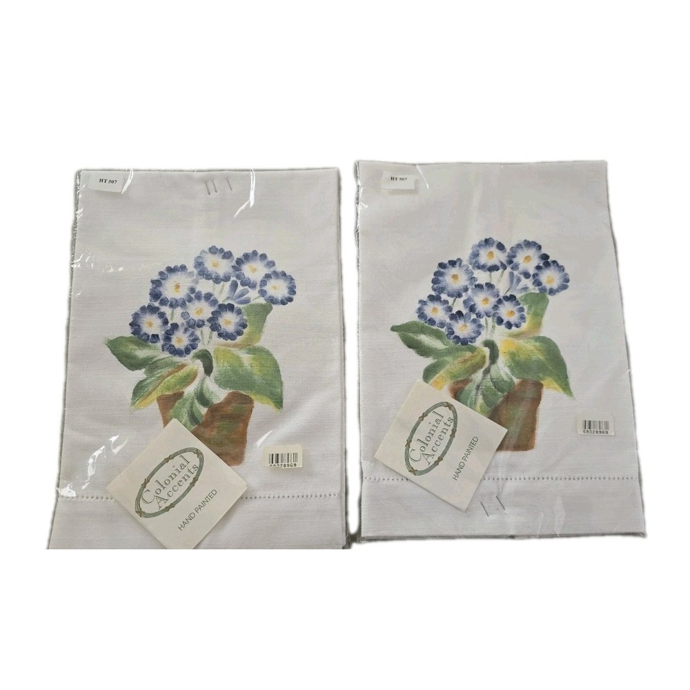 New Lot Of 2 Handpainted Finger Tip Towels Blue Potted Flower Cottagecore Cotton